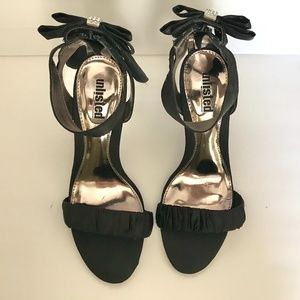 Black Satin dressy evening shoes with bows on the back